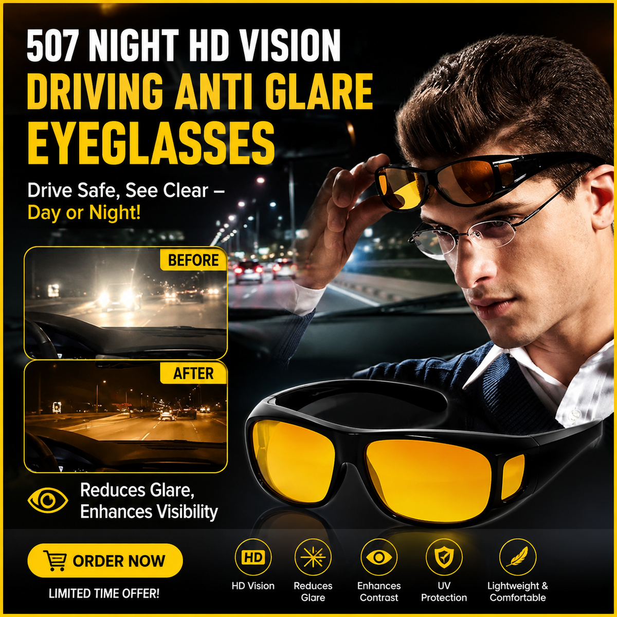 Night Driving glasses-Anti-Glare yellow lens